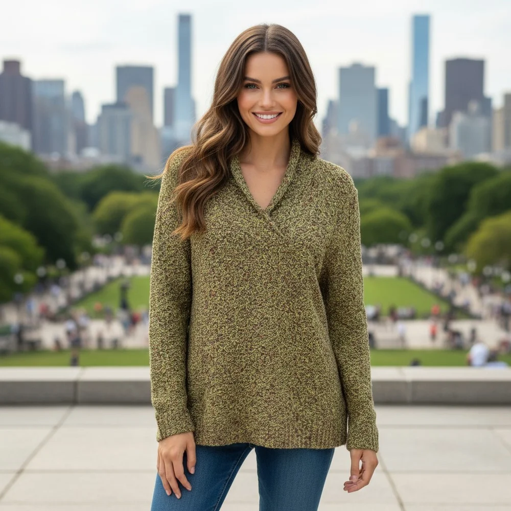 Coldwater Creek Sweater Womens M Green Speckles V-Neck Knit Winter Pullover